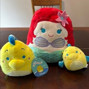 Disney Ariel, small Flounder and  medium Flounder Squishmallows